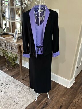 Black Jacket with Lavender Trim Women’s Blazer, lavender shell and black skirt.